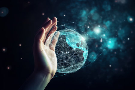 Abstract science circle global network connection in hands, Generative aiの素材