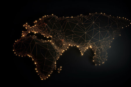 Abstract mash line and point scales on dark background with map of the world, generative aiの素材