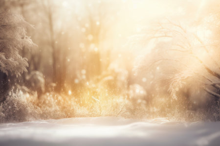 Abstract magic winter landscape with snow and golden bokeh lights, Generative aiの素材