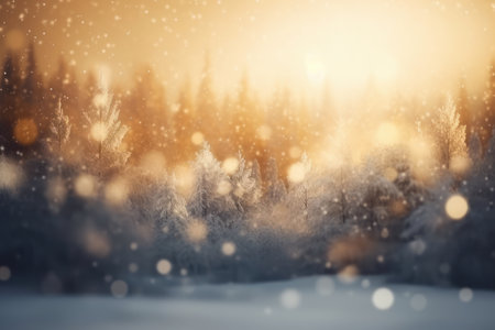 Abstract magic winter landscape with snow and golden bokeh lights, Generative aiの素材