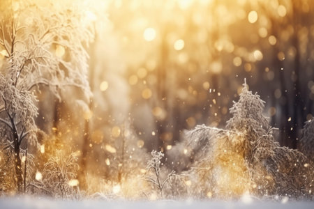 Abstract magic winter landscape with snow and golden bokeh lights, Generative aiの素材