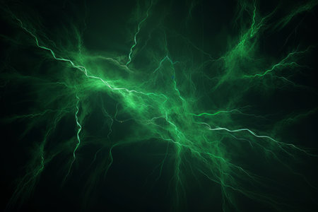 Abstract green lightning storm on a dark background, Generative aiの素材