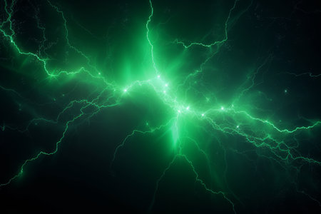 Abstract green lightning storm on a dark background, Generative aiの素材