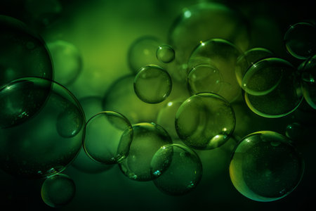 Abstract green backgorund with blurry circular bubbles, Generative aiの素材