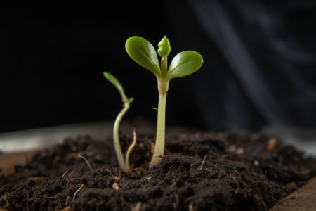 Green seedling illustrating concept of new life and progress in plant agricultureの素材