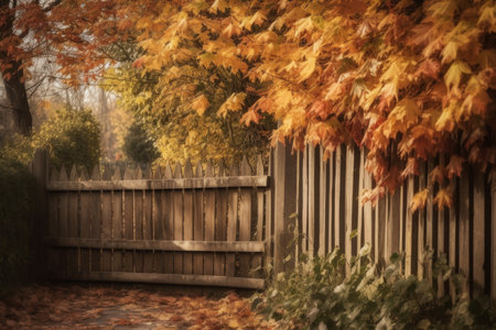 Autumnal landscape with colorful trees and wooden fence, retro tonedの素材