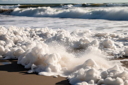Waves on the beach with frothy white capsの素材