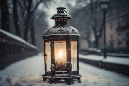 Lantern in the snow on a cold winter day. Vintage style.の素材