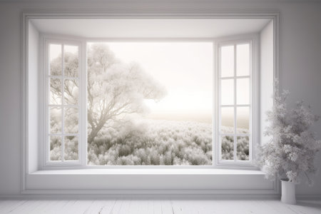 Modern empty room with landcape in window, Generative aiの素材