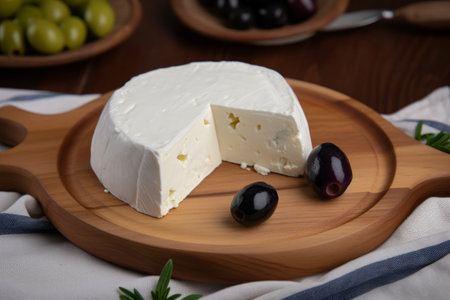 White cheese on wooden plate with olives, Generative aiの素材
