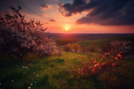 Spring sunset landscape, Generative aiの素材
