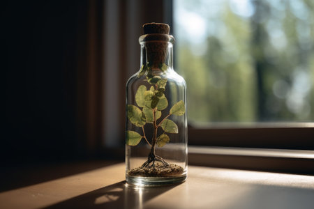Tree growing inside clear glass bottle, Generative aiの素材