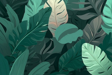 Tropical leaves background in shades of green, Generative aiの素材