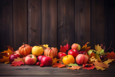 Autumn background with apples, pumpkins and fallen leaves, Generative aiの素材