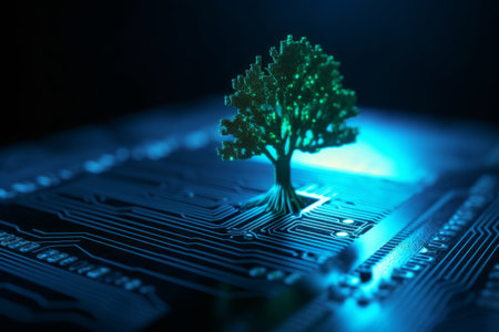 Tree growing on the computer circuit board, Generative aiの素材