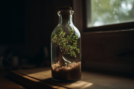 Tree growing inside clear glass bottle, Generative aiの素材