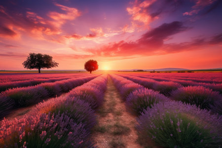 Landscape with lavender field at sunset, Generative aiの素材