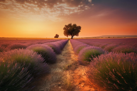 Landscape with lavender field at sunset, Generative aiの素材