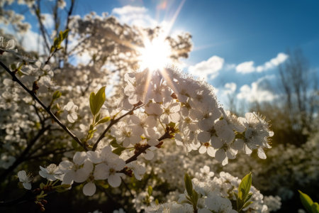 Spring blooming - white blossoms and sunlight in the sky, Generative aiの素材
