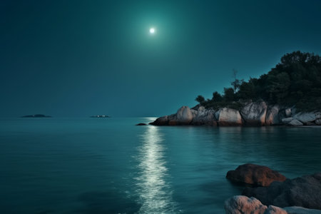 Romantic and scenic panorama with full moon on sea, Generative aiの素材