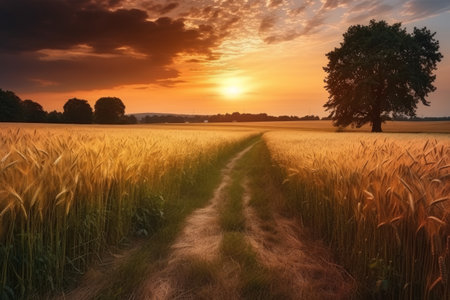Rural landscape with wheat field on sunset, Generative aiの素材