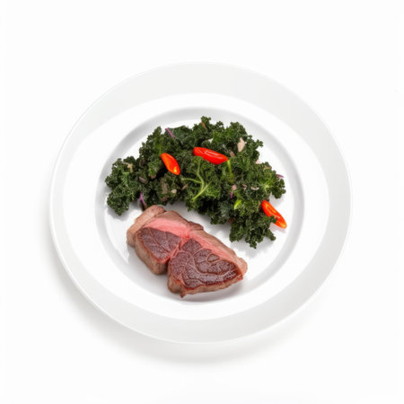 Grilled beef steak meat with red hot pepper and fresh raw kale leaf served on white plate, Generative aiの素材