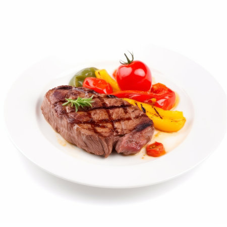 Grilled beef meat entrecote on white plates with peppers and tomato isolated on white backgroundの素材