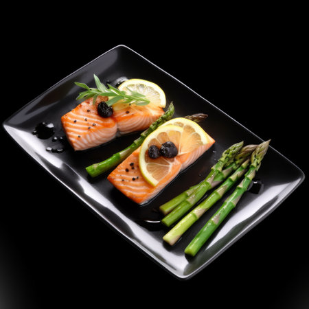 Grilled salmon slices with asparagus lemon and olives, Generative aiの素材