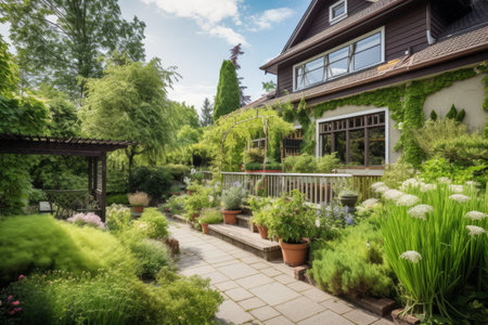 Bright summer day in green garden of elegant suburban home. Generative aiの素材