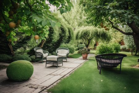 Comfortable wicker garden furniture with grey pillows in beautiful backyard. Generative aiの素材