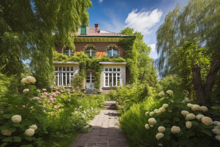 Bright summer day in green garden of elegant suburban home. Generative aiの素材