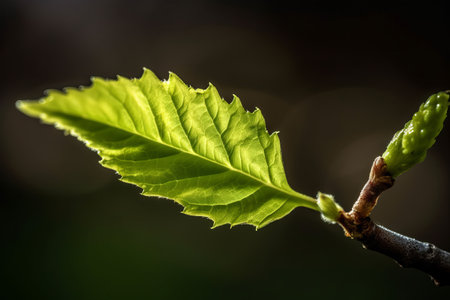 Young leaves of a chestnut tree in early spring. Shallow depth of field.の素材