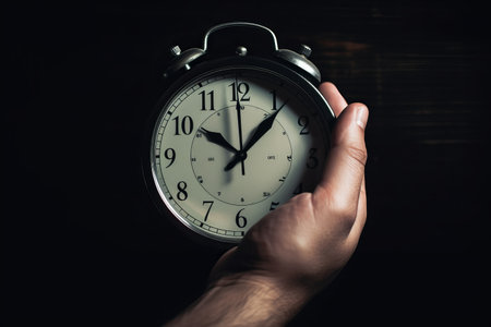 Male hand holding an alarm clock on a dark background. Toned.の素材