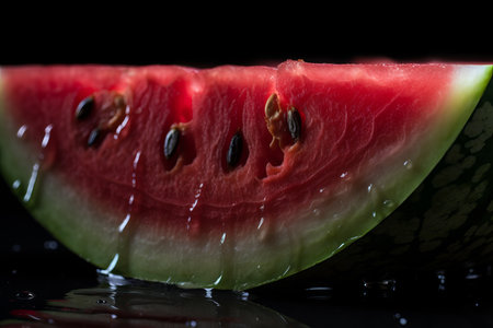 Watermelon on a black background with water droplets. Close-up.の素材