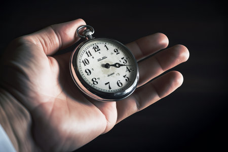 Stopwatch in the hands of a man on a dark background.の素材