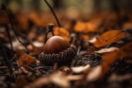 Autumn acorn in the forest. Shallow depth of field.の素材