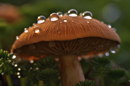Mushroom with raindrops in the forest, close-upの素材