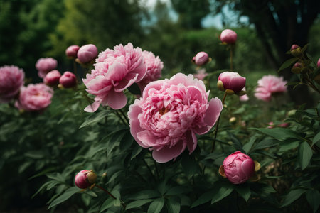 Beautiful pink peony flowers in the garden. Vintage photo.の素材