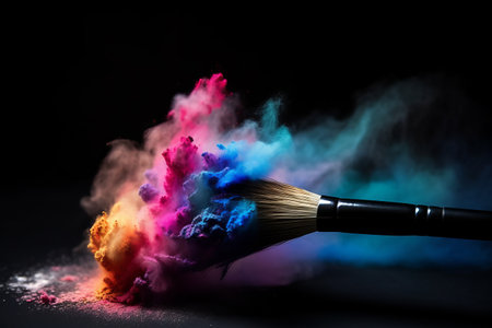 Makeup brush with colorful powder explosion on black background. Creative art concept.の素材