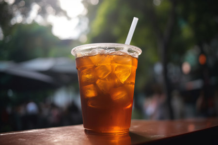 Iced tea in plastic cup on wood table in coffee shop.の素材