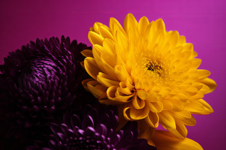 Yellow and purple chrysanthemum flowers on a pink backgroundの素材