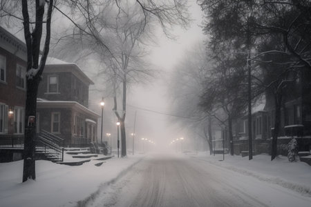 Snowy winter street in New York City, USA. Foggy cityscape.の素材