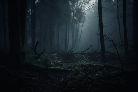 Mysterious dark forest at night with fog and rays of lightの素材