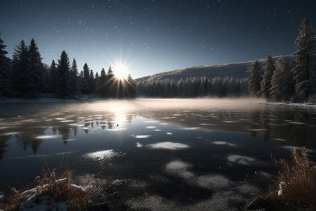 Beautiful winter landscape with frozen lake at night. HDR image.の素材