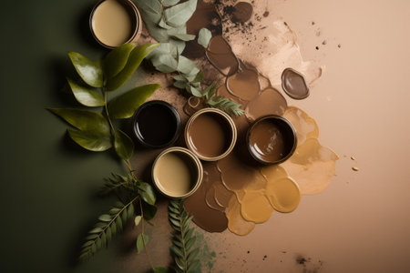Coffee cups and chocolate candies on a brown background.の素材