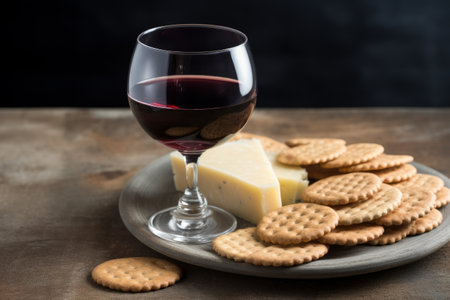 Red wine, cheese and crackers on a wooden table with copy spaceの素材