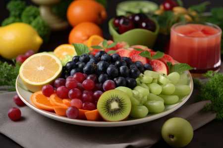 Fresh fruit salad on plate, on wooden table, close-upの素材