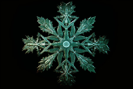 Snowflake isolated on black background. Macro photo of real snow crystalsの素材