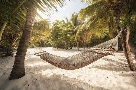 Hammock on the beach with palm trees and blue sky.の素材