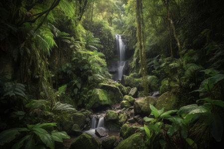 Beautiful waterfall in the rainforest of Sao Miguel island, Azoresの素材